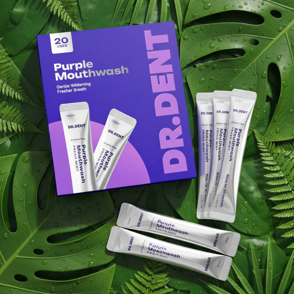 Purple mouthwash box with stick packets on tropical leaves