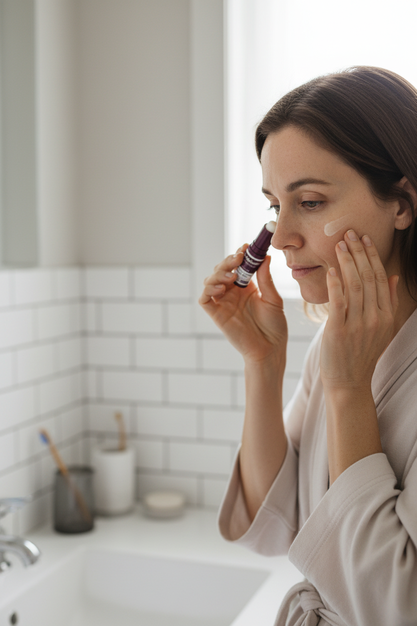 Realistic woman using Dr.Melaxin in everyday bathroom